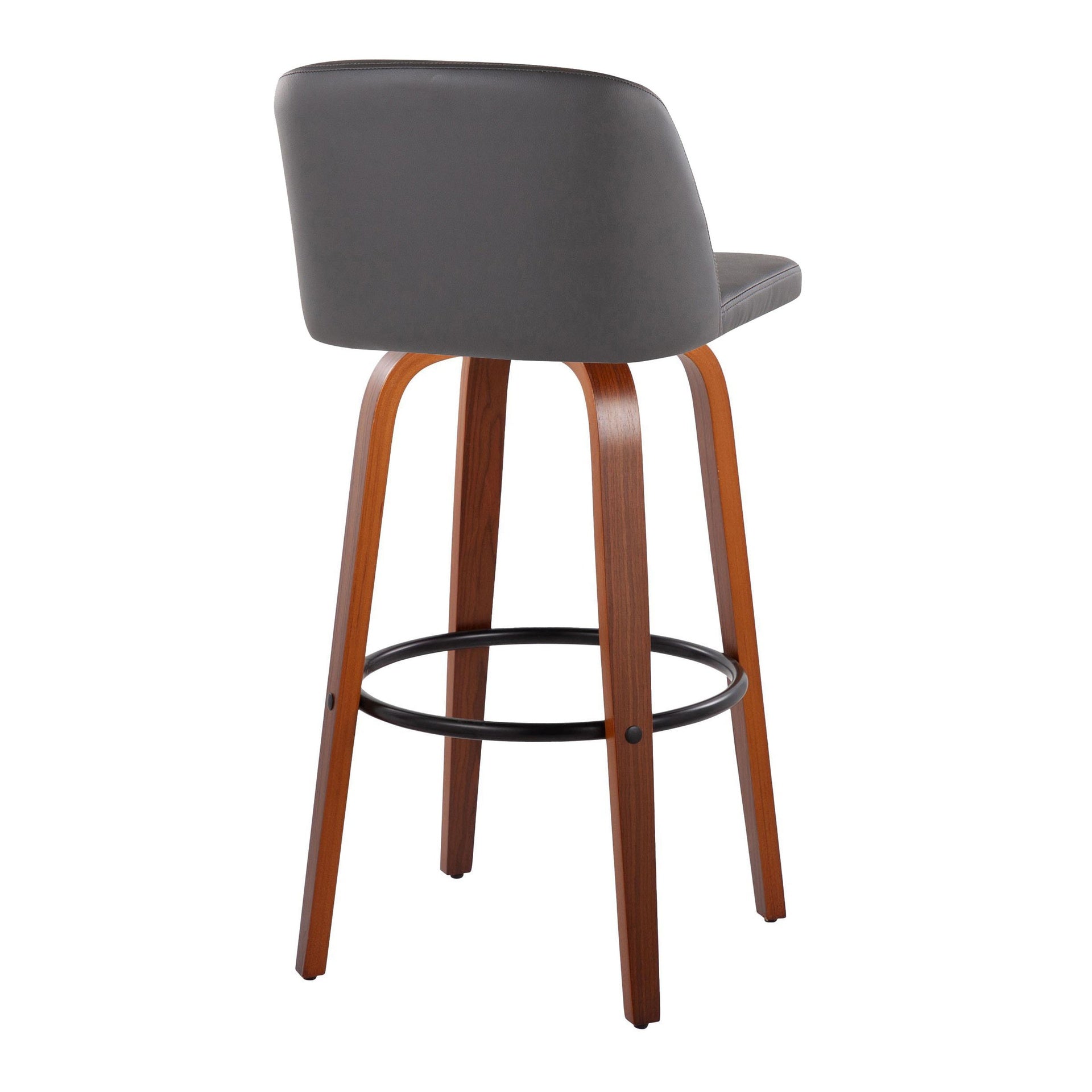 Toriano 30" Mid-Century Modern Fixed Height Barstool with Swivel in Walnut Wood and Grey Faux Leather with Round Black Metal Footrest by LumiSource - Set of 2