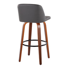 Toriano 30" Mid-Century Modern Fixed Height Barstool with Swivel in Walnut Wood and Grey Faux Leather with Round Black Metal Footrest by LumiSource - Set of 2