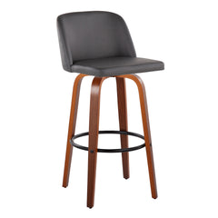 Toriano 30" Mid-Century Modern Fixed Height Barstool with Swivel in Walnut Wood and Grey Faux Leather with Round Black Metal Footrest by LumiSource - Set of 2