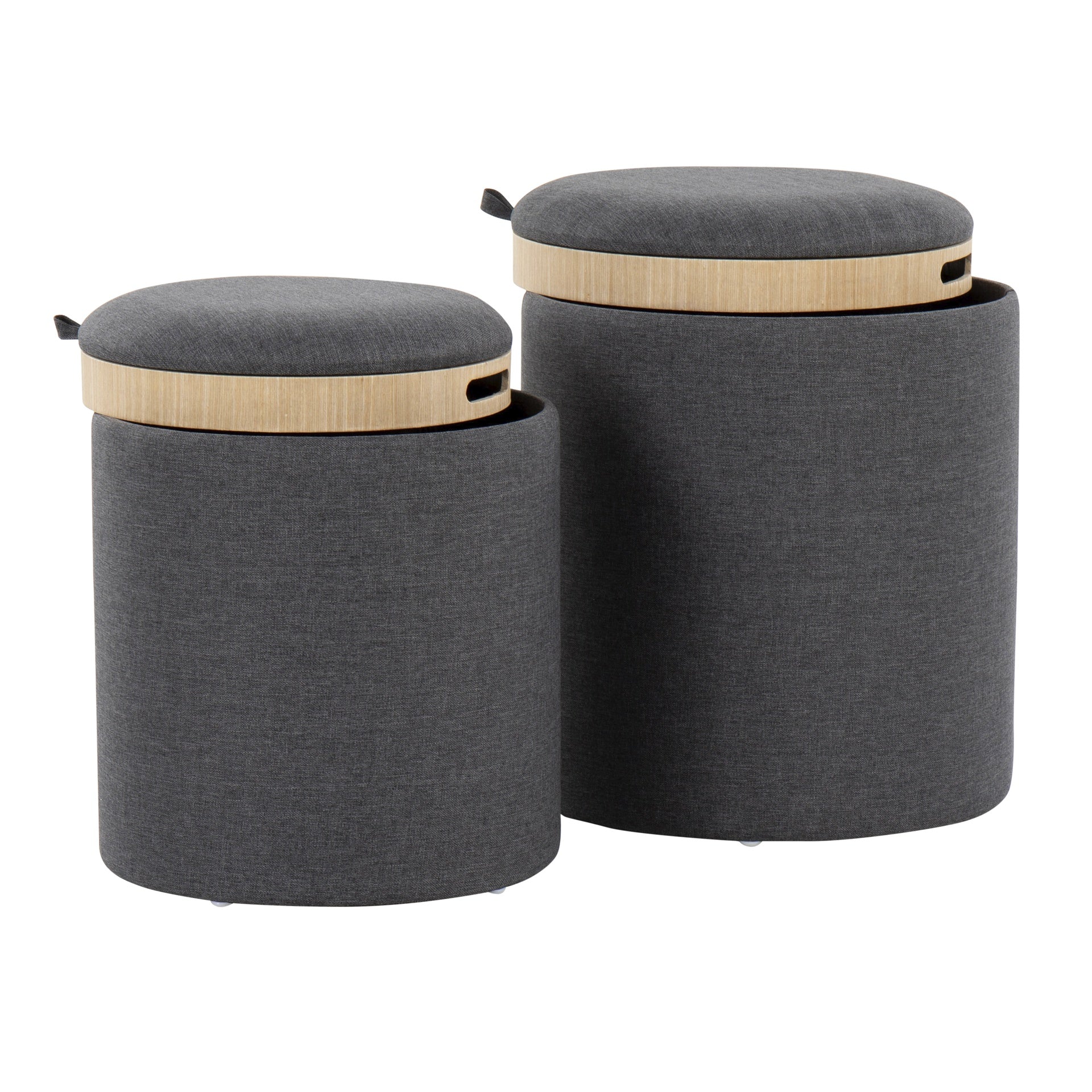 Tray Contemporary Nesting Ottoman Set in Charcoal Fabric and Natural Wood by LumiSource
