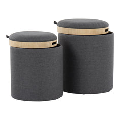 Tray Contemporary Nesting Ottoman Set in Charcoal Fabric and Natural Wood by LumiSource