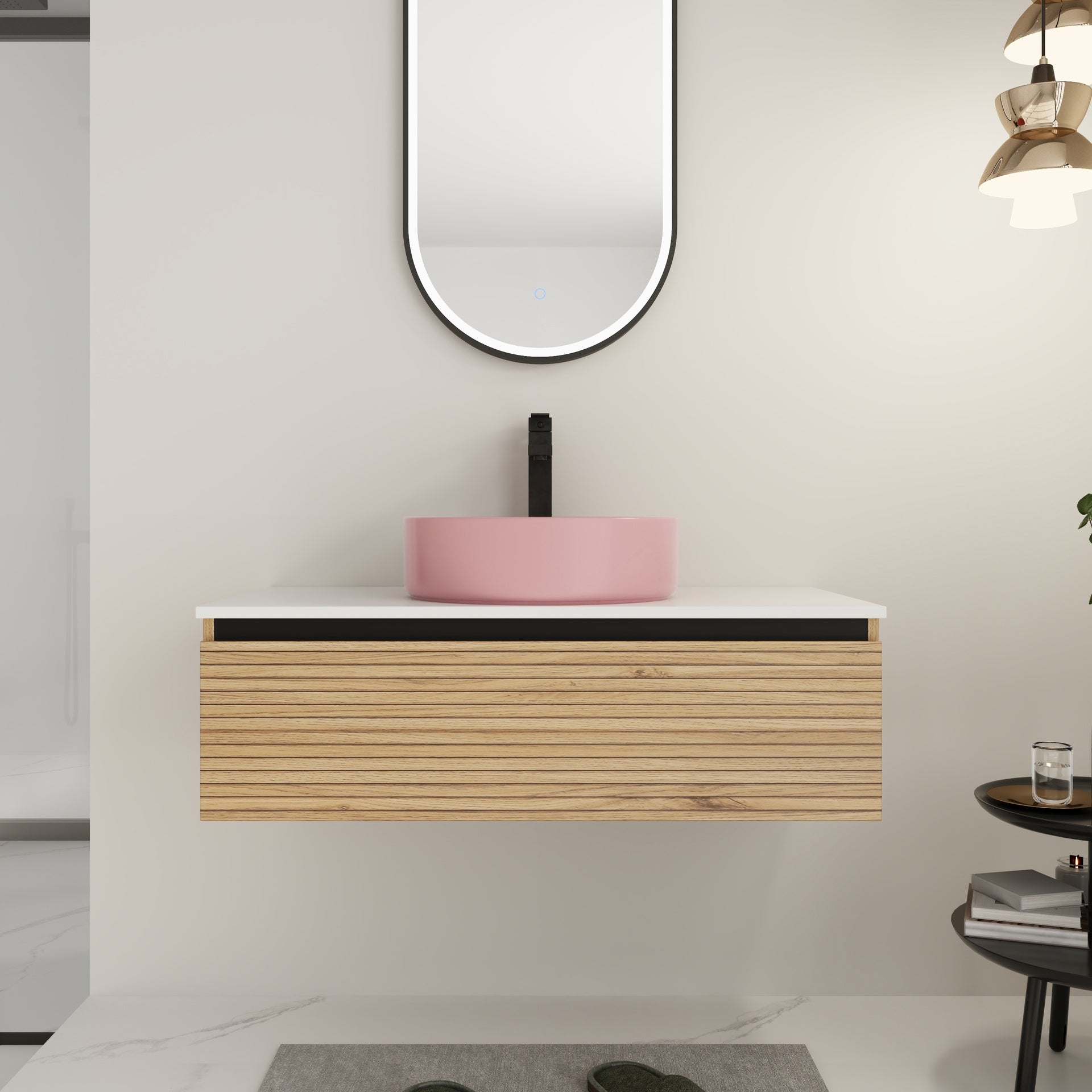 36'' Wall-Mounted Bathroom Vanity with Pink Art Ceramic Sink  & 1-Soft-Close Drawer, Plywood (KD-Packing)
