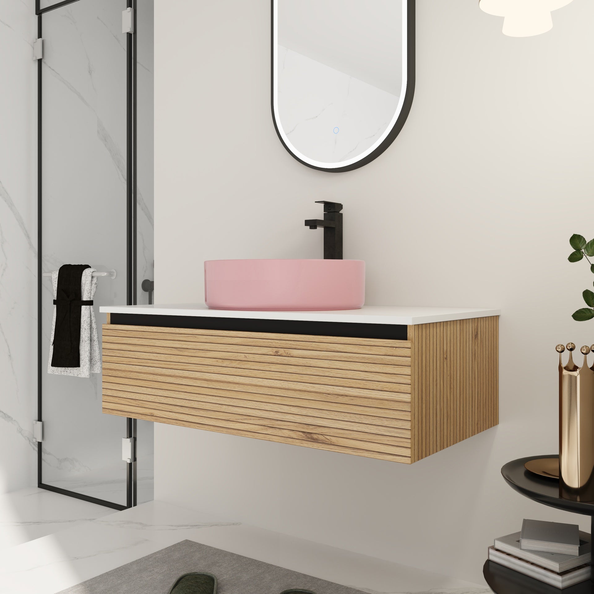 36'' Wall-Mounted Bathroom Vanity with Pink Art Ceramic Sink  & 1-Soft-Close Drawer, Plywood (KD-Packing)