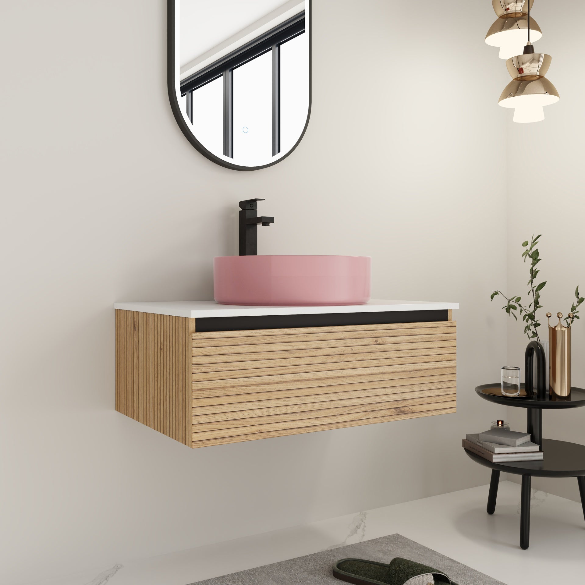 30'' Wall-Mounted Bathroom Vanity with Pink Art Ceramic Sink  & 1-Soft-Close Drawer, Plywood (KD-Packing)