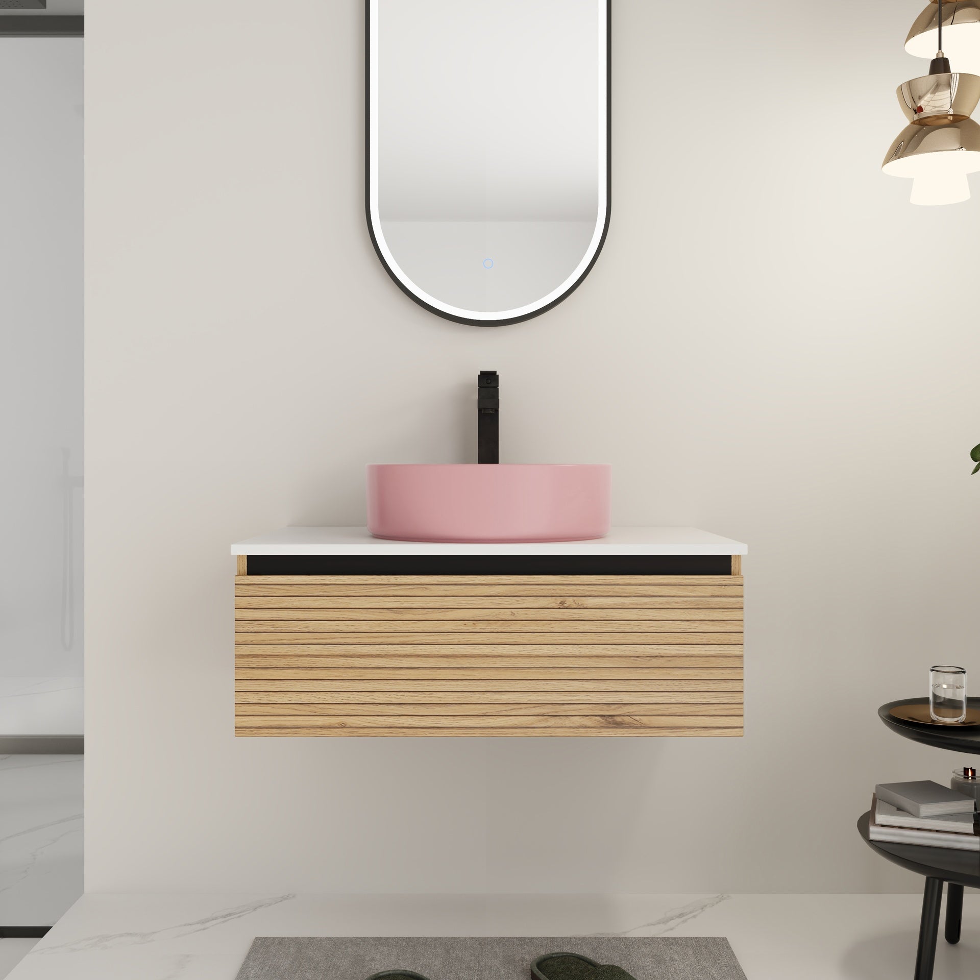 30'' Wall-Mounted Bathroom Vanity with Pink Art Ceramic Sink  & 1-Soft-Close Drawer, Plywood (KD-Packing)