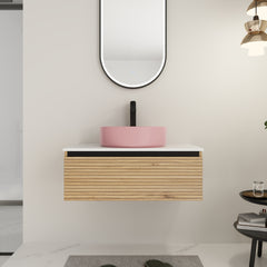 30'' Wall-Mounted Bathroom Vanity with Pink Art Ceramic Sink  & 1-Soft-Close Drawer, Plywood (KD-Packing)