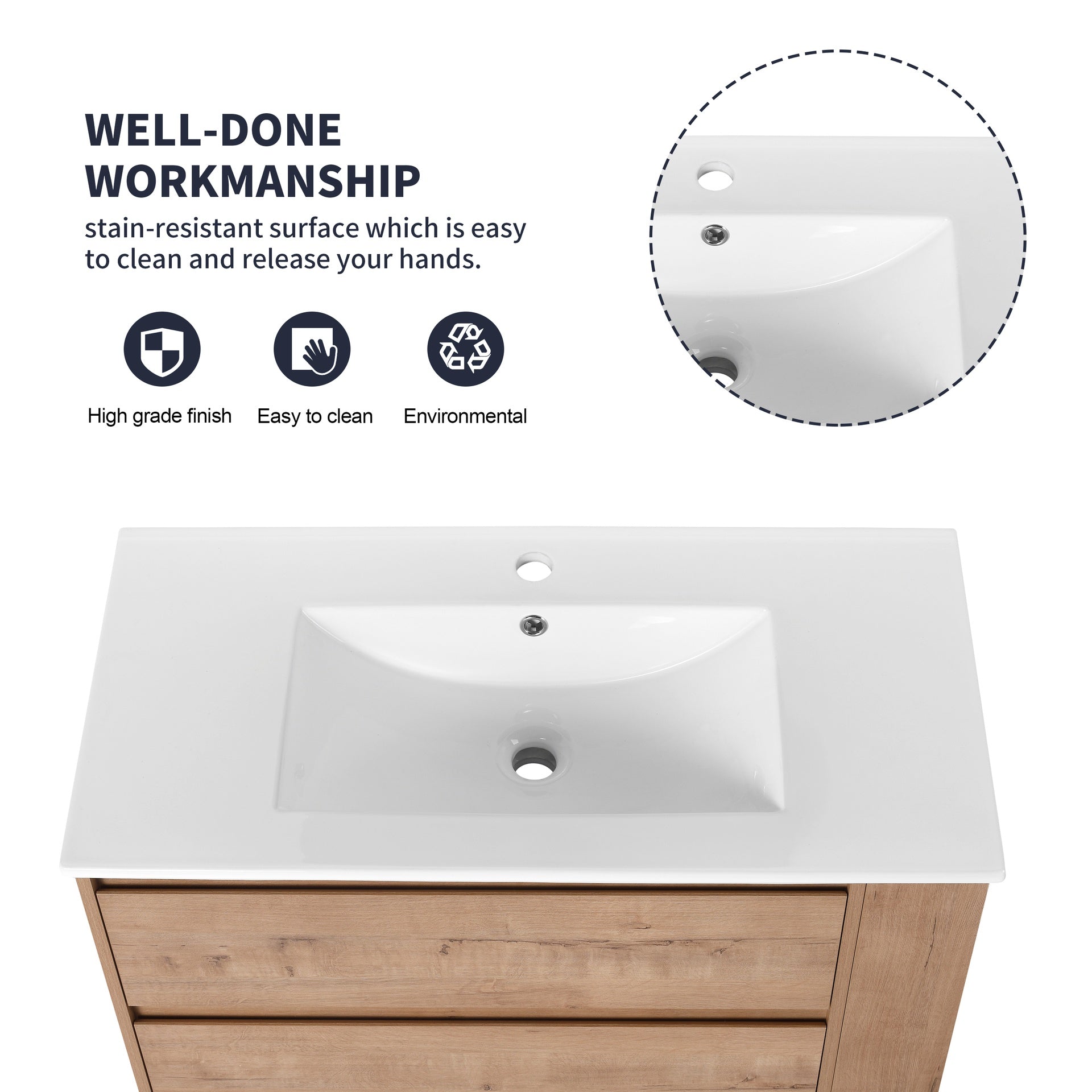 36" Wall Mounting Bathroom Vanity With Ceramic Sink, Soft Close Drawer