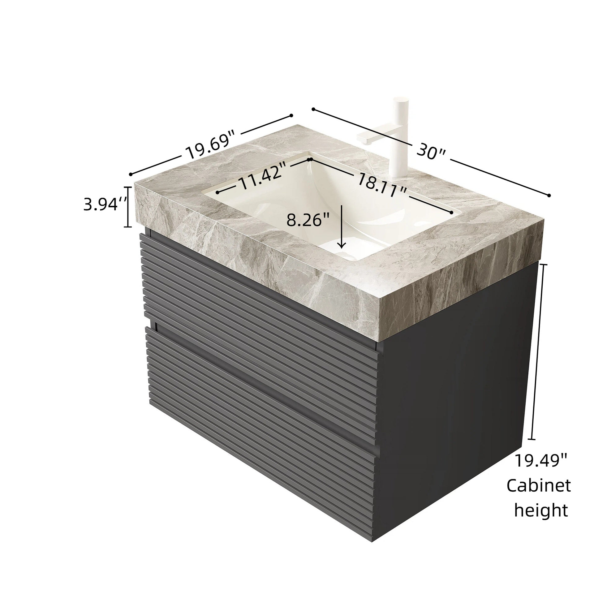 VENO 30" Bathroom Vanity with Undermount Sink, Floating Plywood Striped Storage Cabinet with 2 Drawers, Itlay Light Gray with Stone Pattern Sintered Stone Top, NO Faucet and Drain, Gray Color