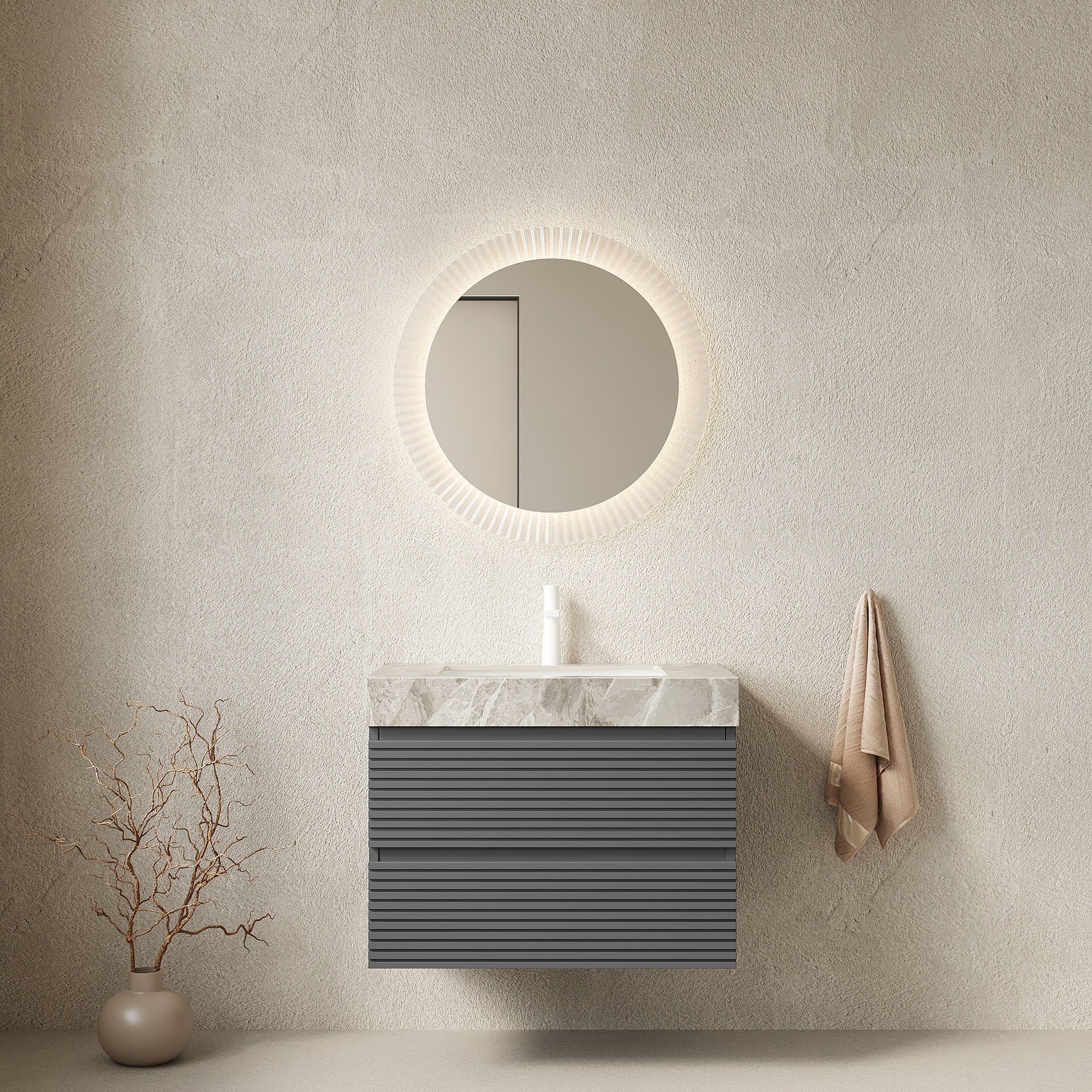 VENO 30" Bathroom Vanity with Undermount Sink, Floating Plywood Striped Storage Cabinet with 2 Drawers, Itlay Light Gray with Stone Pattern Sintered Stone Top, NO Faucet and Drain, Gray Color