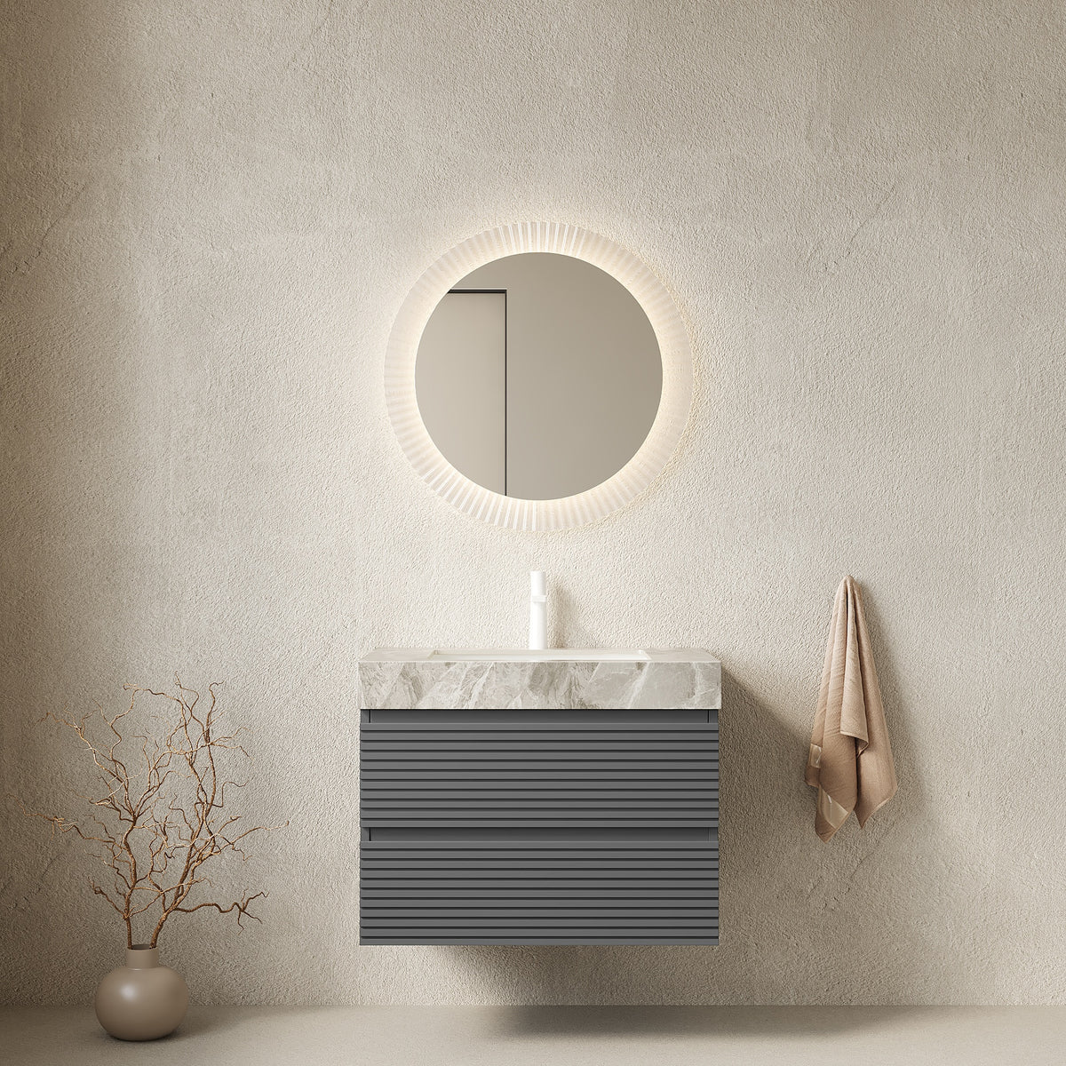 VENO 30" Bathroom Vanity with Undermount Sink, Floating Plywood Striped Storage Cabinet with 2 Drawers, Itlay Light Gray with Stone Pattern Sintered Stone Top, NO Faucet and Drain, Gray Color
