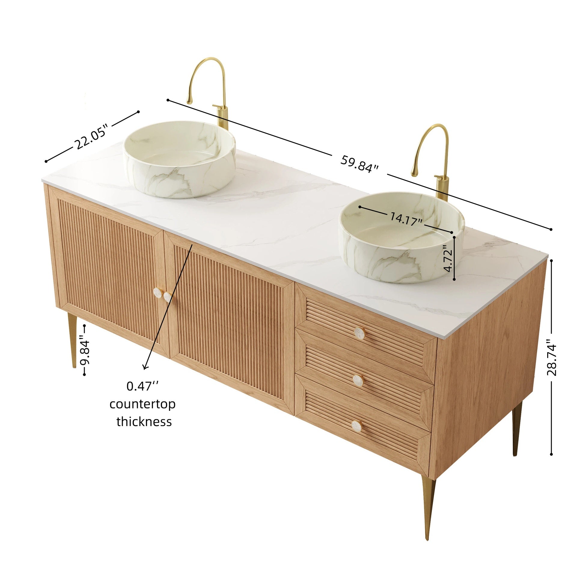 MUNIN 60" Bathroom Vanity with Sink, Freestanding Plywood Storage Cabinet with 4 Metal Legs, 3 Drawers and 2 Doors, White Ceramic Basin with Stone Pattern, NO Faucet, Pre-assembled,Oak Woodgrain Color