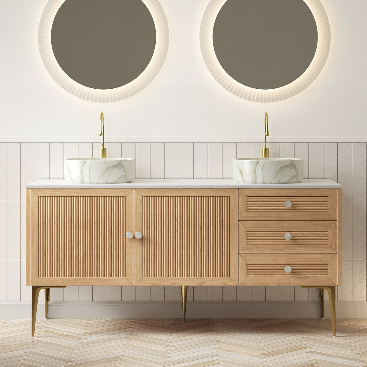 MUNIN 60" Bathroom Vanity with Sink, Freestanding Plywood Storage Cabinet with 4 Metal Legs, 3 Drawers and 2 Doors, White Ceramic Basin with Stone Pattern, NO Faucet, Pre-assembled,Oak Woodgrain Color