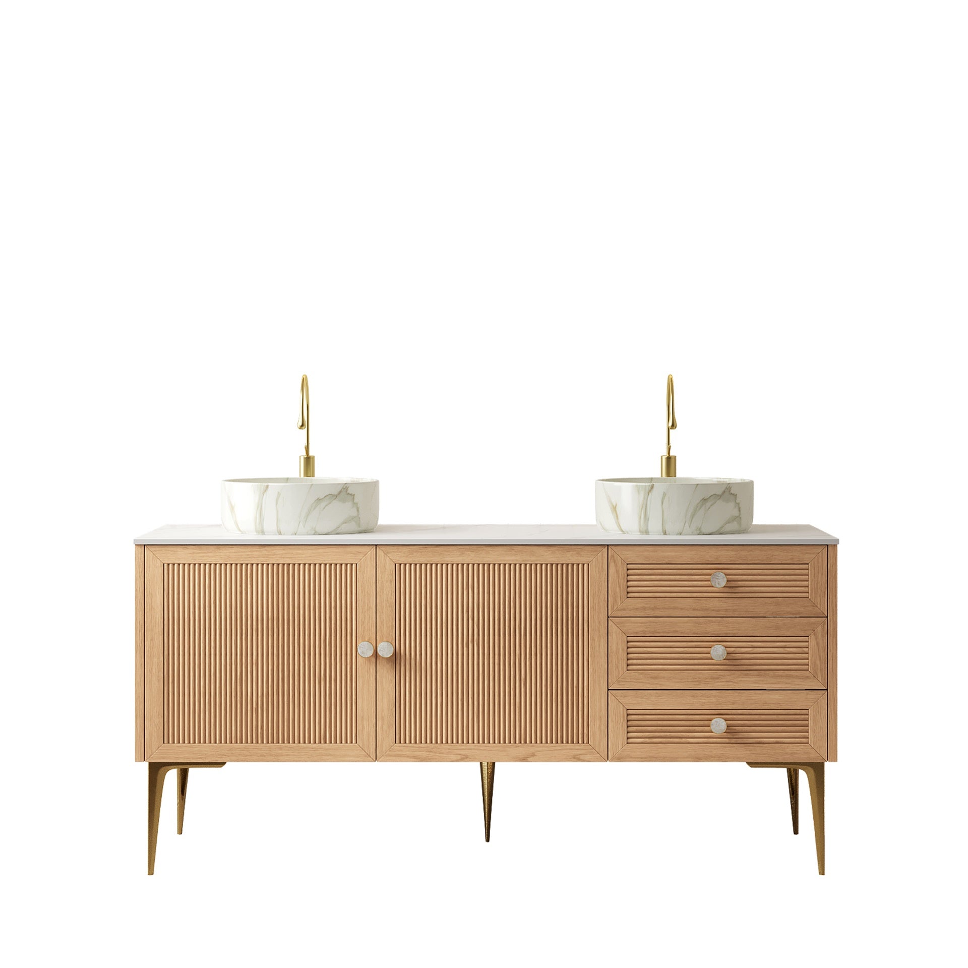 MUNIN 60" Bathroom Vanity with Sink, Freestanding Plywood Storage Cabinet with 4 Metal Legs, 3 Drawers and 2 Doors, White Ceramic Basin with Stone Pattern, NO Faucet, Pre-assembled,Oak Woodgrain Color