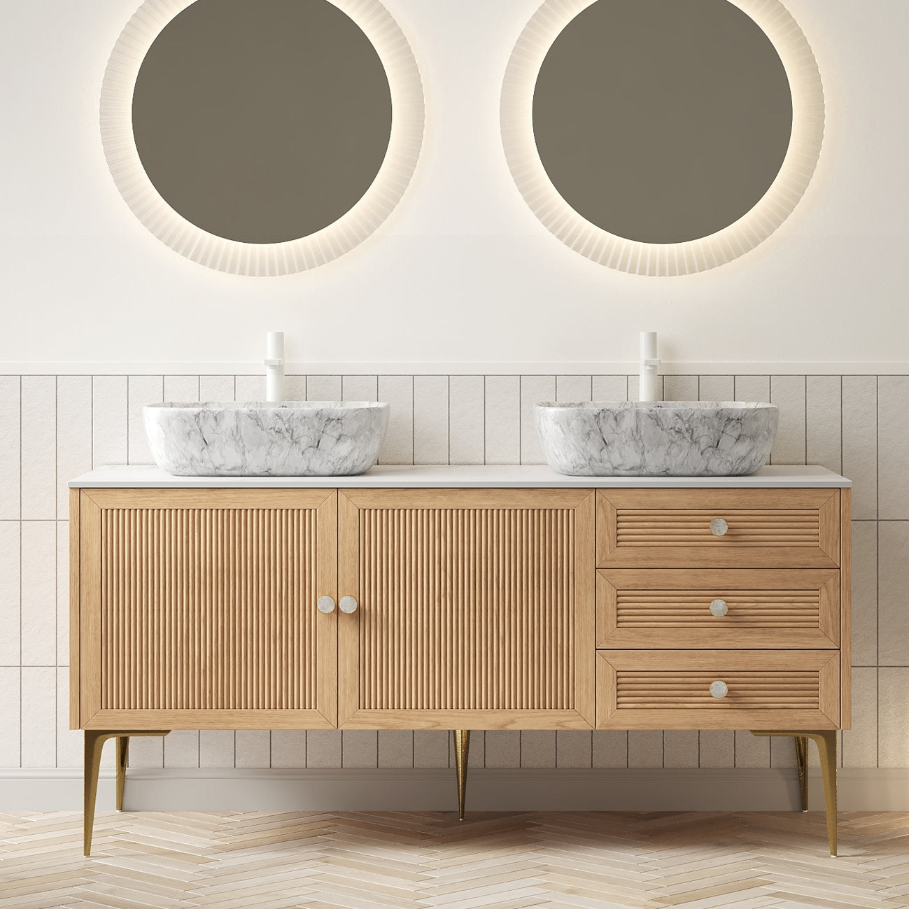 MUNIN 60" Bathroom Vanity&Sinks, Freestanding Plywood Storage Cabinet with Legs, 2 Door&3 Drawers, Carrara White Sintered Stone Top&2 Marble Pattern Ceramic Basins, Pre-assembled, Oak Woodgrain Color
