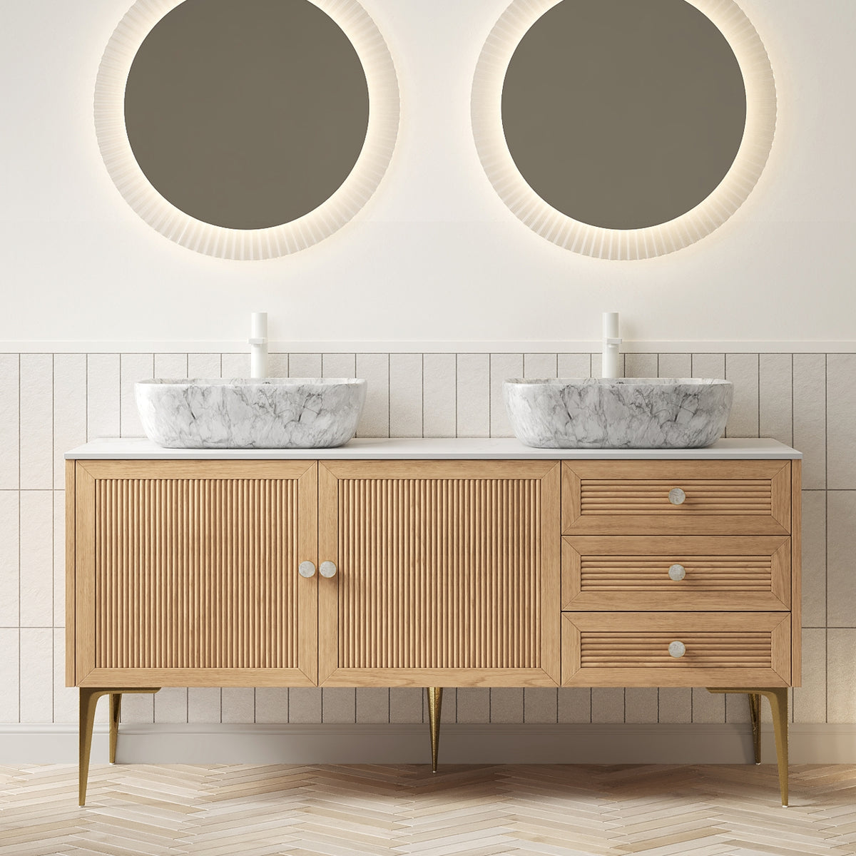 MUNIN 60" Bathroom Vanity&Sinks, Freestanding Plywood Storage Cabinet with Legs, 2 Door&3 Drawers, Carrara White Sintered Stone Top&2 Marble Pattern Ceramic Basins, Pre-assembled, Oak Woodgrain Color