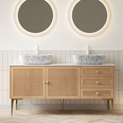 MUNIN 60" Bathroom Vanity&Sinks, Freestanding Plywood Storage Cabinet with Legs, 2 Door&3 Drawers, Carrara White Sintered Stone Top&2 Marble Pattern Ceramic Basins, Pre-assembled, Oak Woodgrain Color