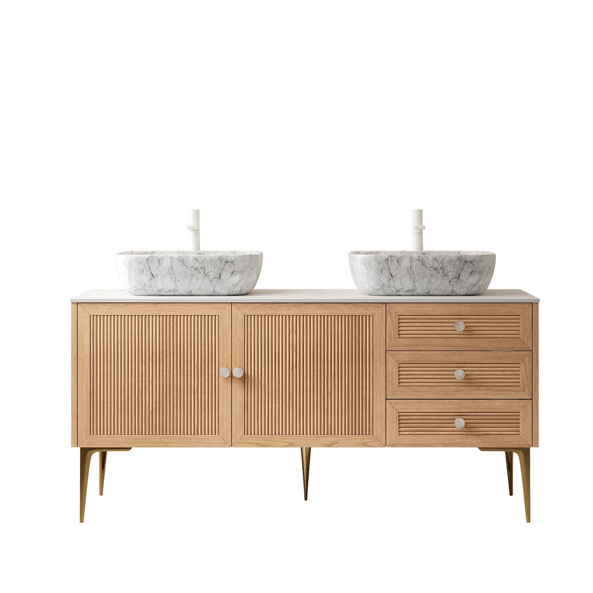 MUNIN 60" Bathroom Vanity&Sinks, Freestanding Plywood Storage Cabinet with Legs, 2 Door&3 Drawers, Carrara White Sintered Stone Top&2 Marble Pattern Ceramic Basins, Pre-assembled, Oak Woodgrain Color