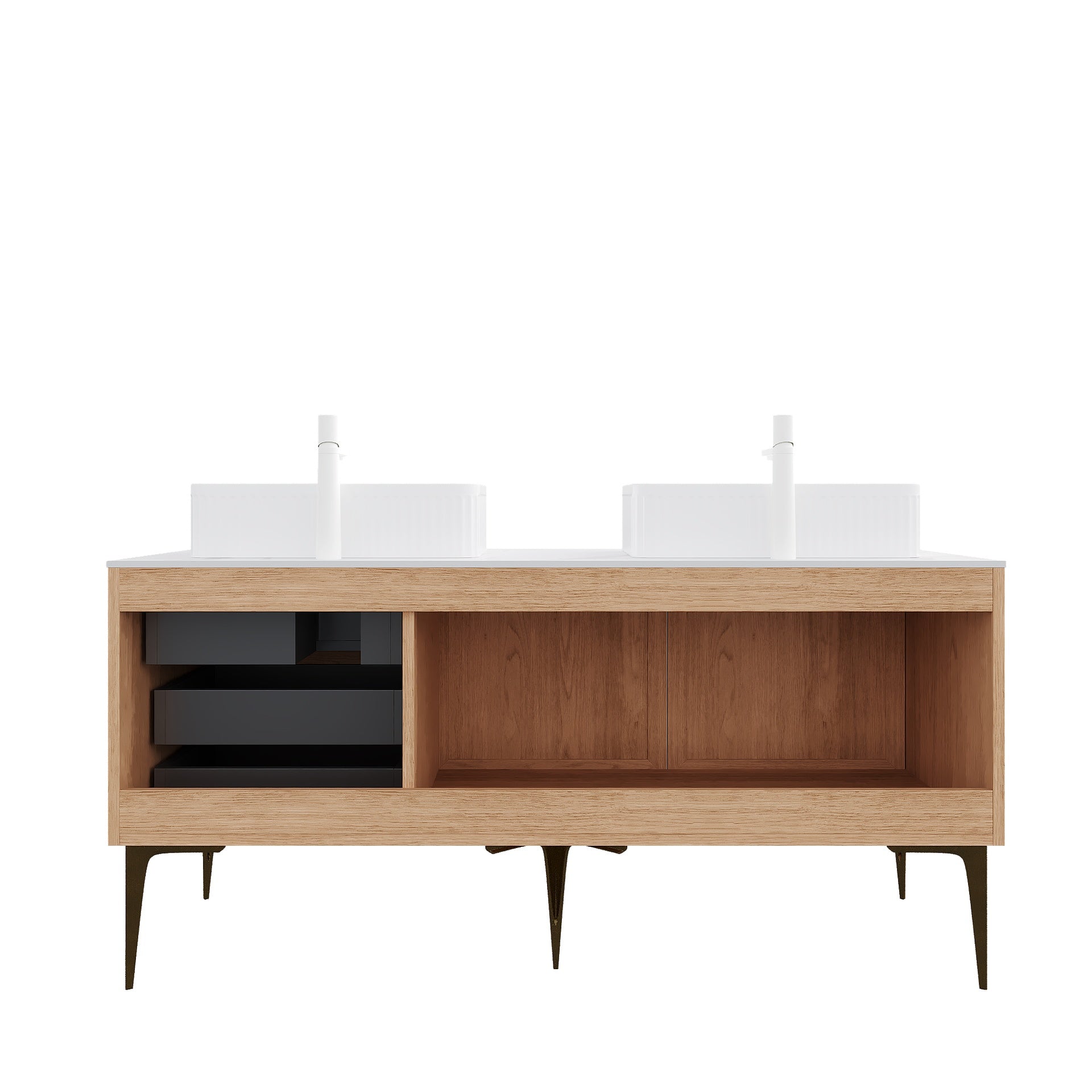 MUNIN 60" Bathroom Vanity with Sinks, Freestanding Plywood Storage Cabinet with 4 Metal Legs, 2 Door and 3 Drawers, 2 White Rectangular Ceramic Basins, NO Faucet, Pre-assembled, Oak Woodgrain Color