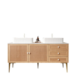 MUNIN 60" Bathroom Vanity with Sinks, Freestanding Plywood Storage Cabinet with 4 Metal Legs, 2 Door and 3 Drawers, 2 White Rectangular Ceramic Basins, NO Faucet, Pre-assembled, Oak Woodgrain Color