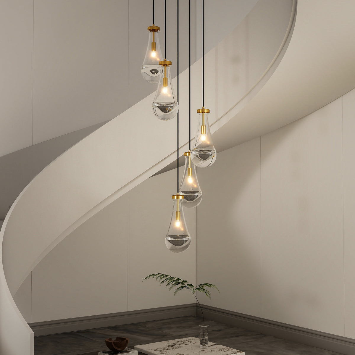 5 Light Cluster Pendant Light, Brass High Ceiling Chandeliers Adjustable, Living Room Pendant Light, Foyer Chandeliers, Stairwell Pendant Lights,E12 not Including Bulb