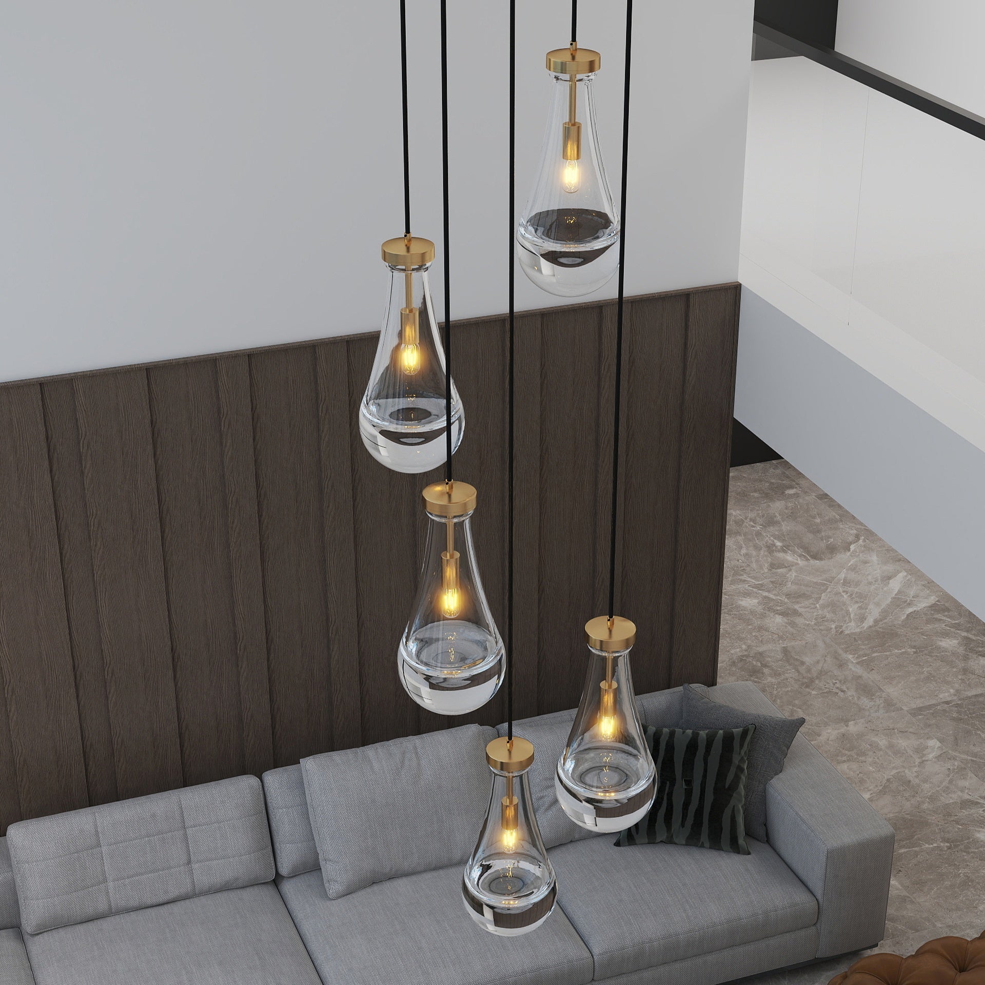 5 Light Cluster Pendant Light, Brass High Ceiling Chandeliers Adjustable, Living Room Pendant Light, Foyer Chandeliers, Stairwell Pendant Lights,E12 not Including Bulb