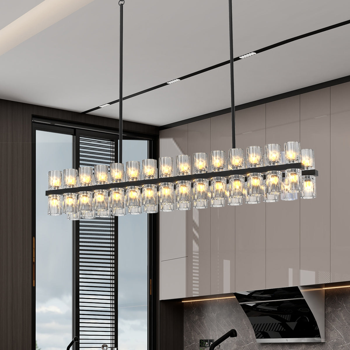 Rectangular Luxurious Crystal Chandelier for Living Room & Dining Room, Black Frame with K9 Crystals