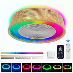 21" Modern Rustic Ceiling Fan Light with LED RGB Mood Lighting, Rope Woven Design, Quiet Fan, Semi Flush Mount for Bedroom, Living Room, or Dining Room ((Silent/6-Speed/Reversible/DC Motor))