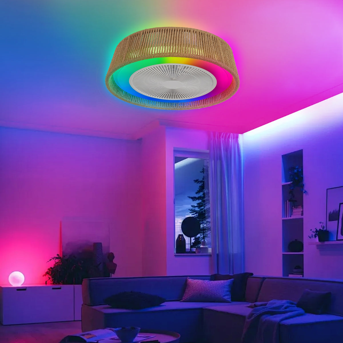 21" Modern Rustic Ceiling Fan Light with LED RGB Mood Lighting, Rope Woven Design, Quiet Fan, Semi Flush Mount for Bedroom, Living Room, or Dining Room ((Silent/6-Speed/Reversible/DC Motor))
