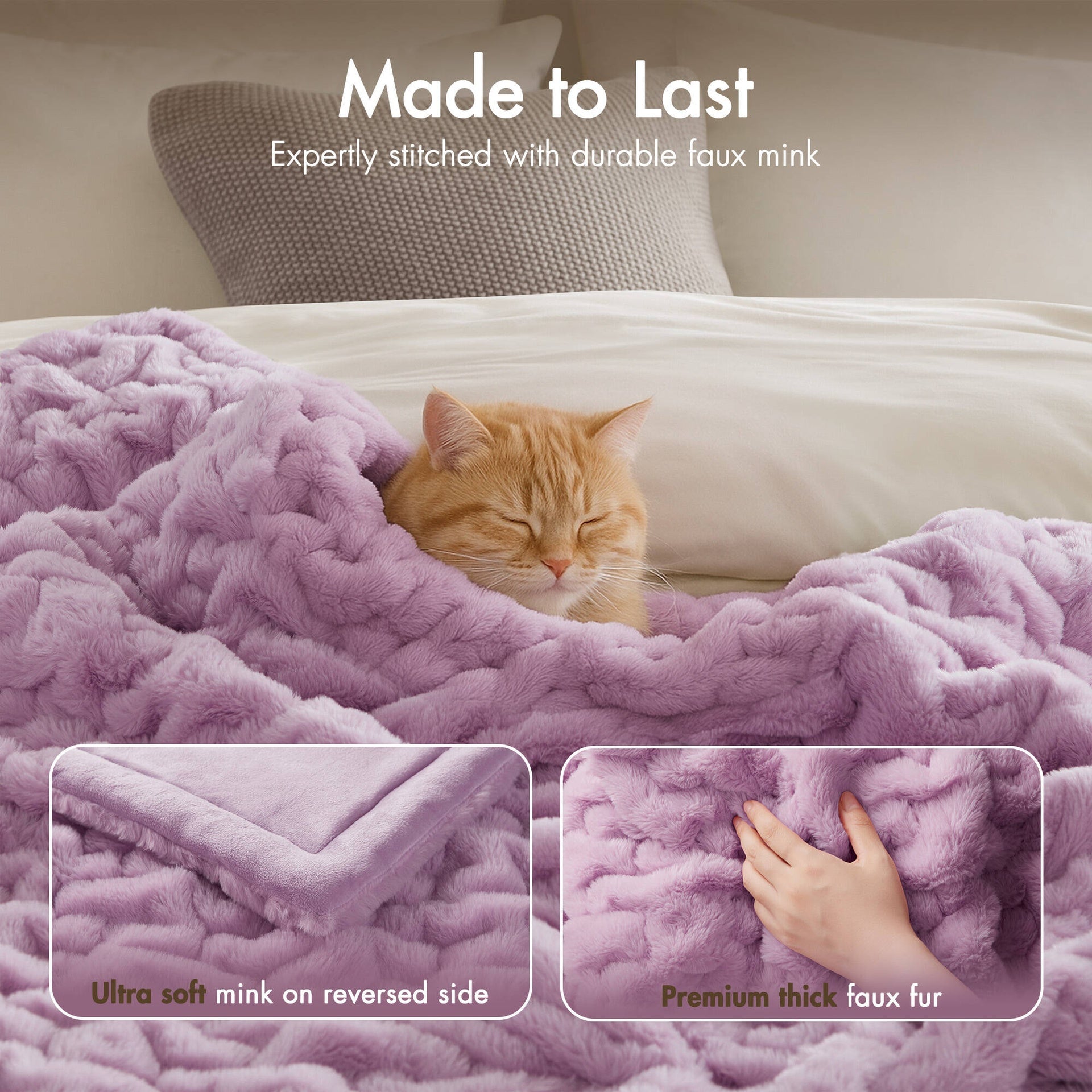 1 PC 50x60" Ruched Fur Throw Purple