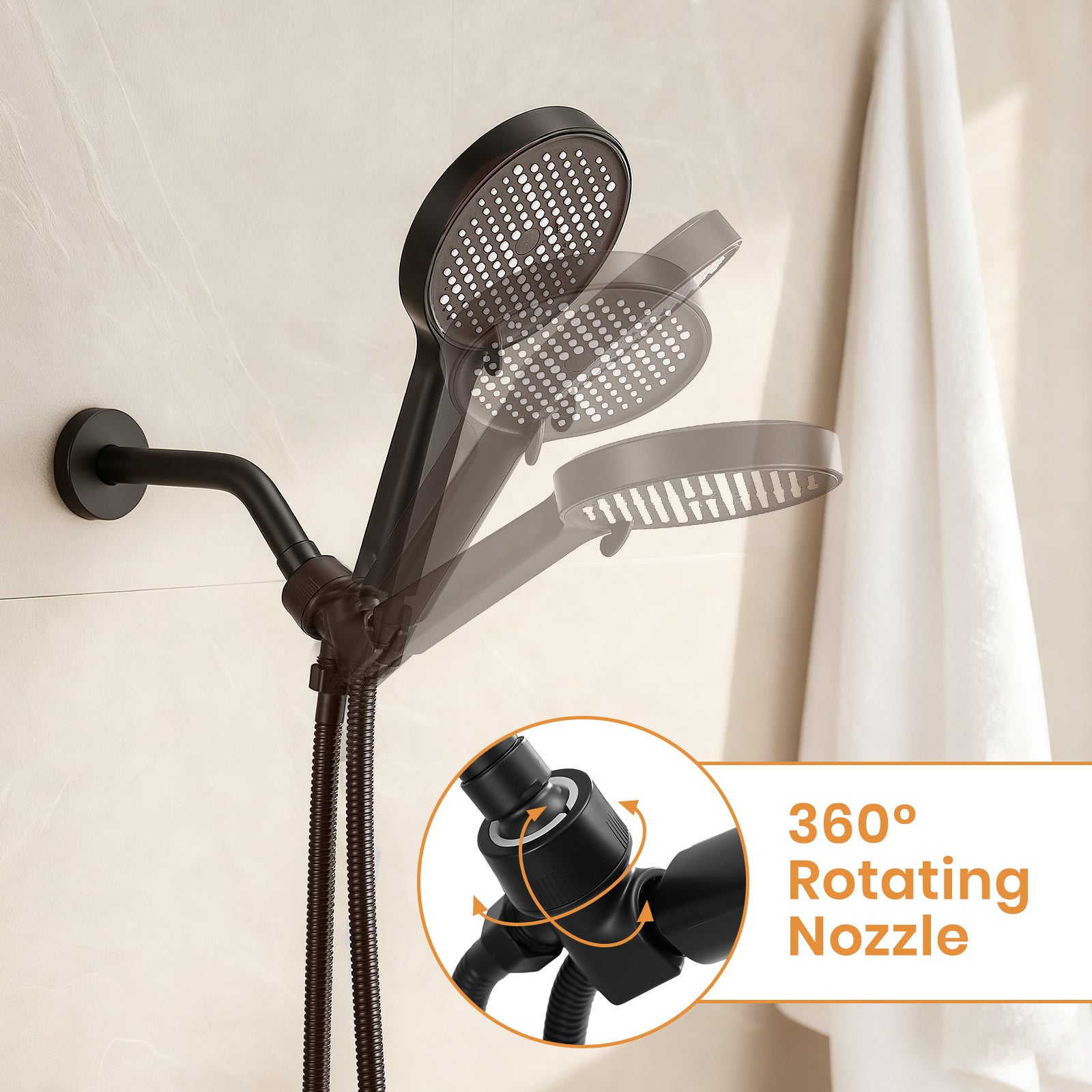 High Pressure 2-Setting Full Matte Black Handheld Shower Head with Stainless Steel Hose