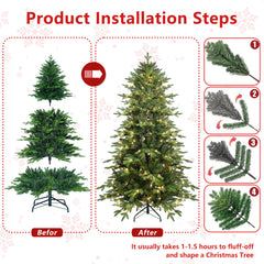 7.5FT Green PVC+PE Christmas Tree with 450 Warm White UL Lights – 2856Tips, Hinged Branch Design, Realistic Needles, Sturdy Metal Stand, Easy Assembly