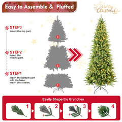 6FT Slim Christmas Tree with 300 Warm White LED Lights – 850 PE+PVC Tips, Space-Saving Hinged Design, Easy Setup, Sturdy Metal Stand – Realistic Pencil Tree for Small Spaces