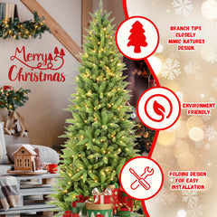 6FT Slim Christmas Tree with 300 Warm White LED Lights – 850 PE+PVC Tips, Space-Saving Hinged Design, Easy Setup, Sturdy Metal Stand – Realistic Pencil Tree for Small Spaces
