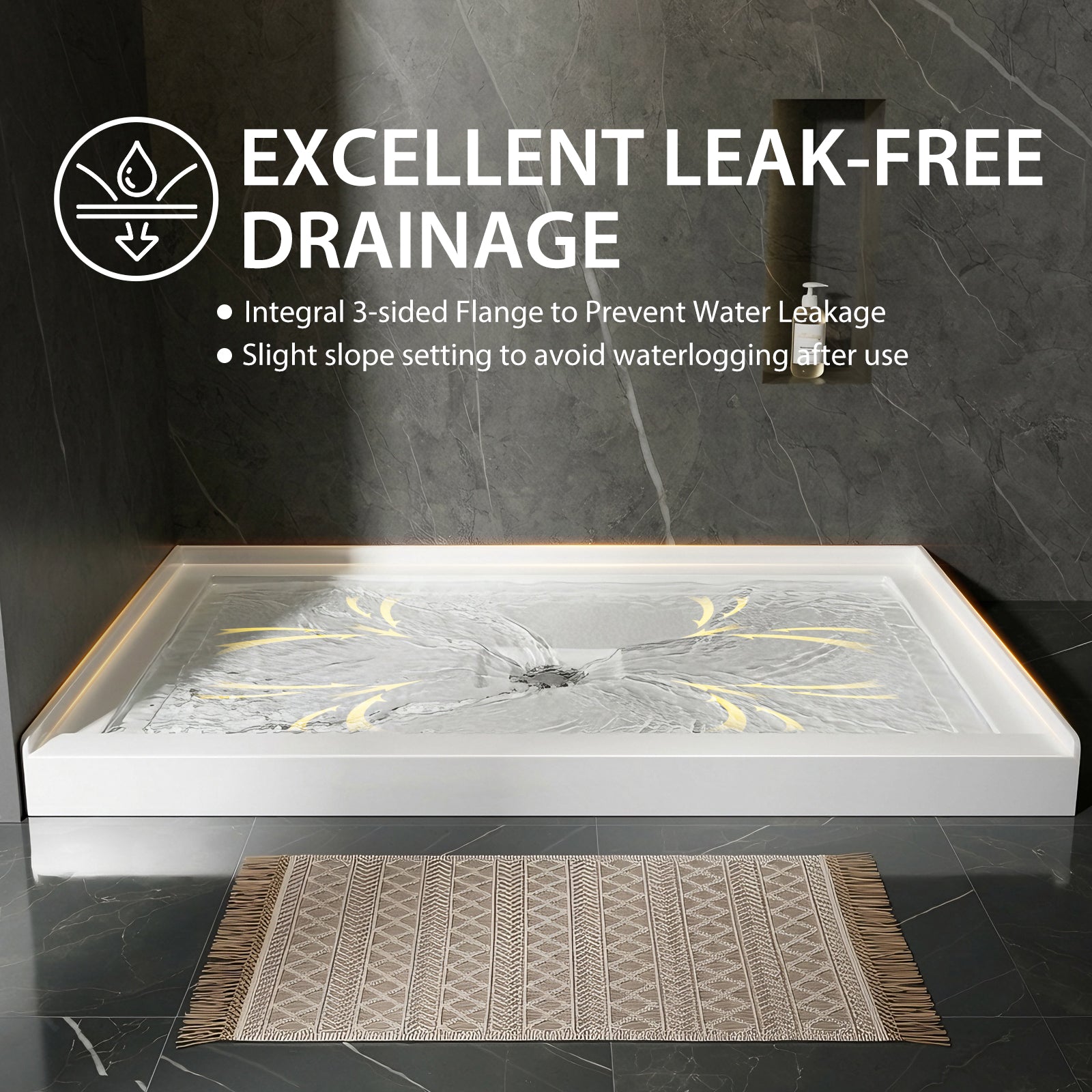 48x32 Inch White Acrylic Shower Base, Center Drain, Non-Slip Surface