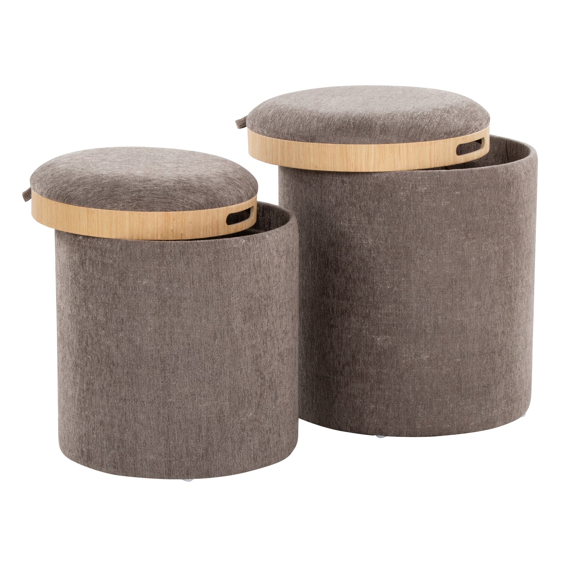 Tray Contemporary Nesting Ottoman Set in Brown Fabric and Natural Wood by LumiSource