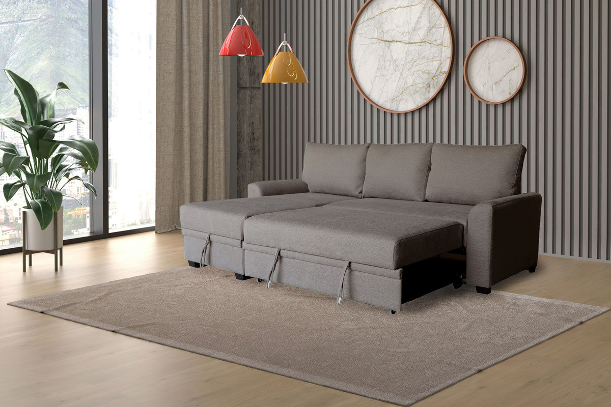 Nicolo 90.5"W Brown Flannel Fabric Sleeper Sectional with Left-Facing Storage Chaise