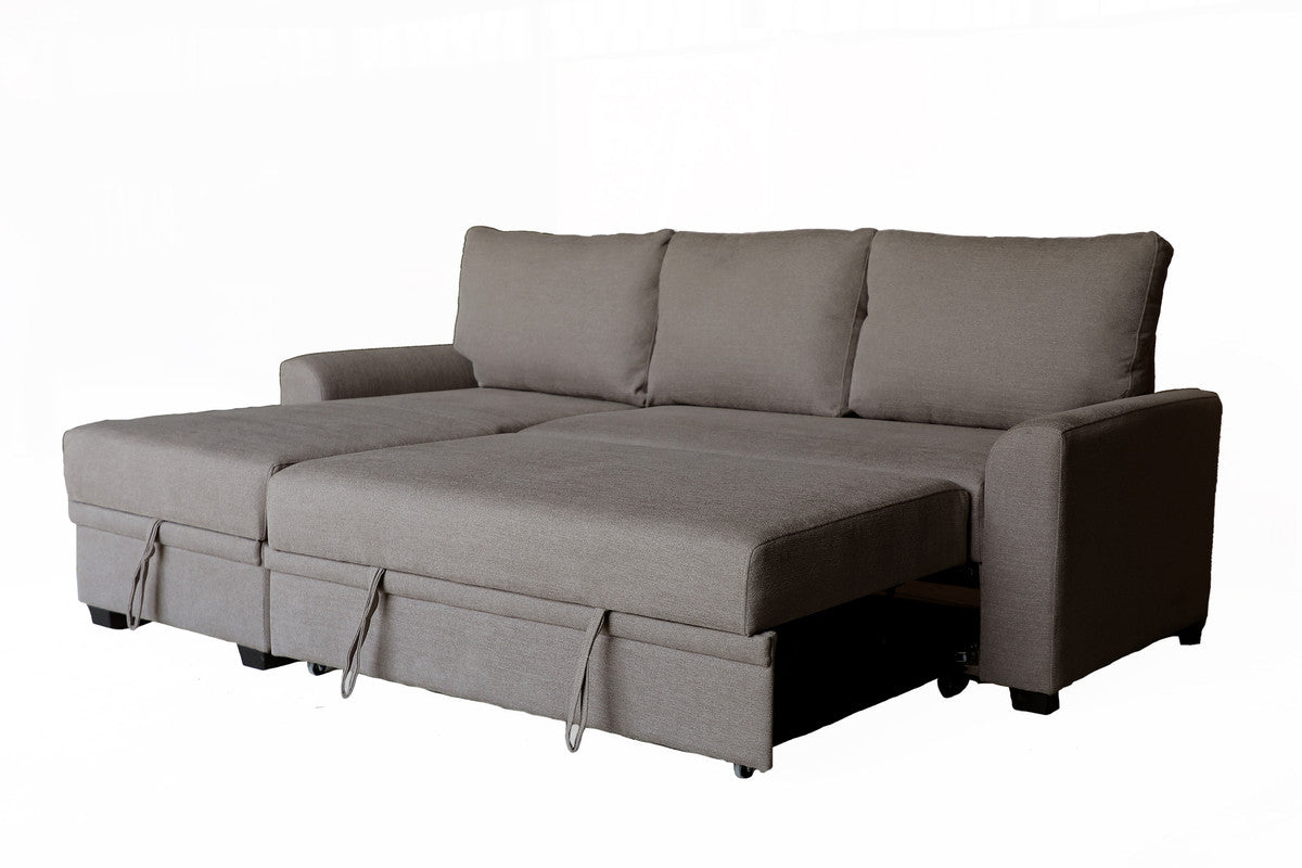 Nicolo 90.5"W Brown Flannel Fabric Sleeper Sectional with Left-Facing Storage Chaise