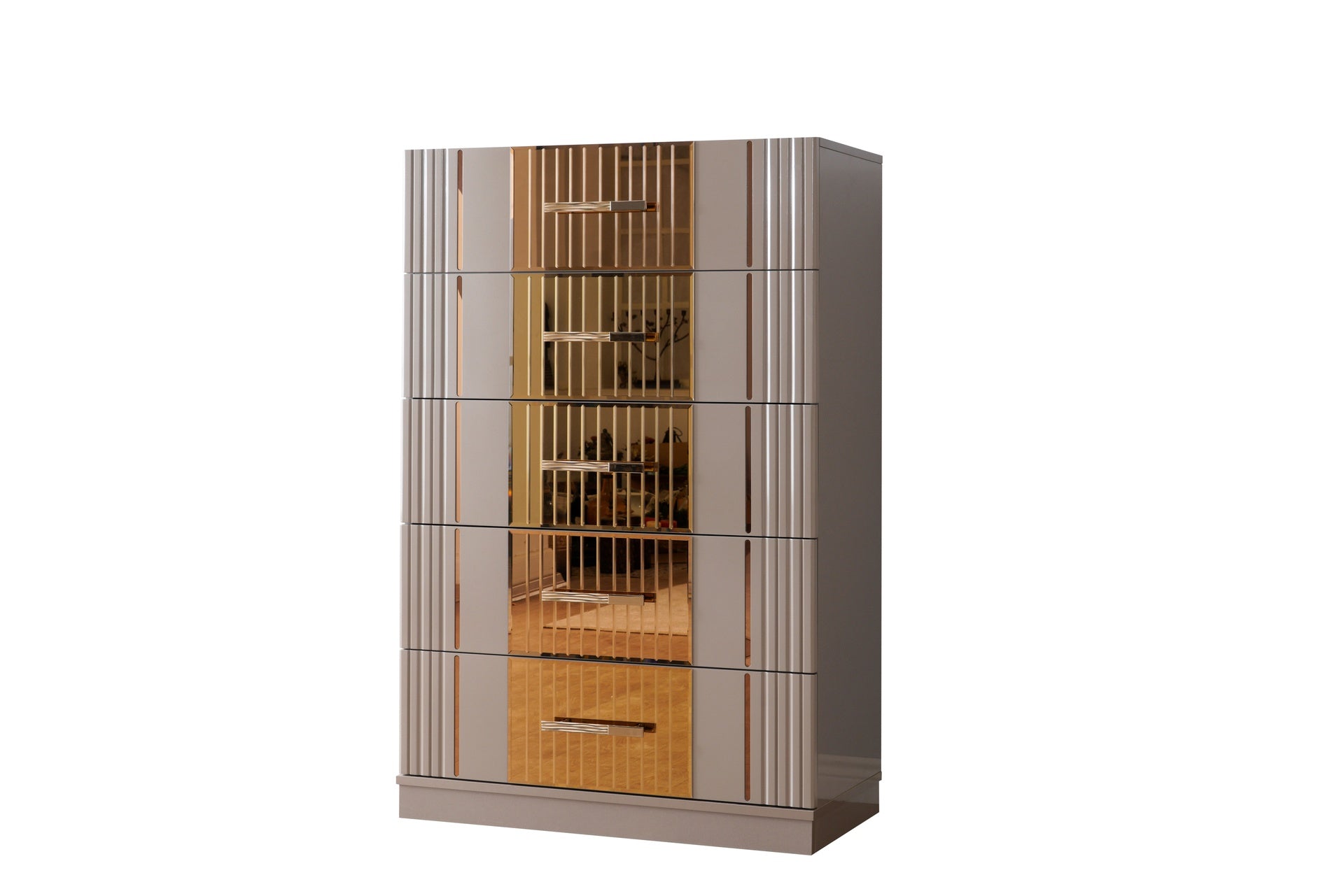 Lorenzo Gold Detailed 5 Drawer Chest made with Wood in Gray (NJ Warehouse Warehouse)