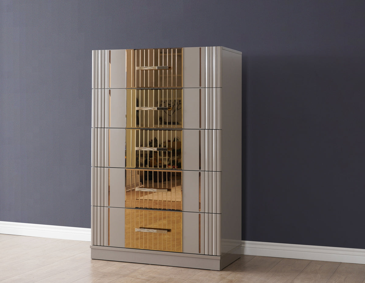 Lorenzo Gold Detailed 5 Drawer Chest made with Wood in Gray (NJ Warehouse Warehouse)