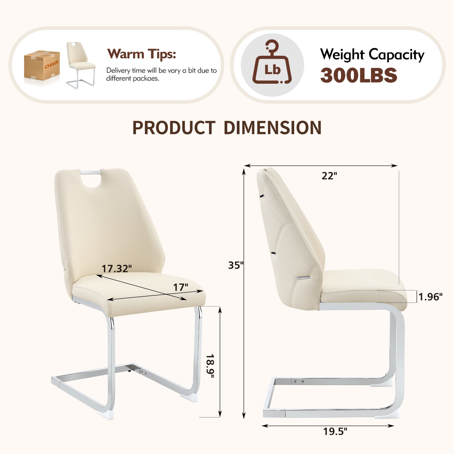Dining Chairs Set of 2, Off White Faux Leather Kitchen Chairs with Gold Mesh Texture, Silver Back Ring and Chrome Pull Handle, High Back Upholstered Dining Room Chair (Off White, Set of 2)