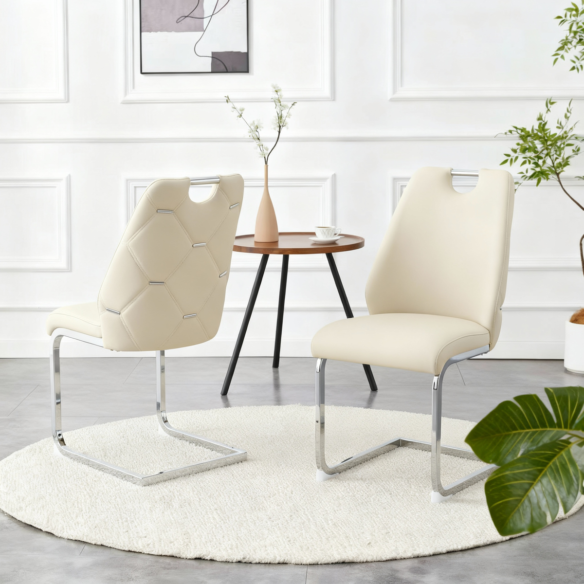 Dining Chairs Set of 2, Off White Faux Leather Kitchen Chairs with Gold Mesh Texture, Silver Back Ring and Chrome Pull Handle, High Back Upholstered Dining Room Chair (Off White, Set of 2)