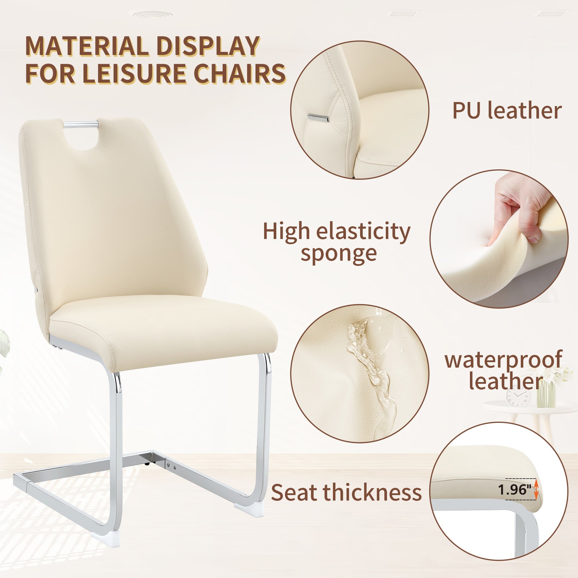 Dining Chairs Set of 2, Off White Faux Leather Kitchen Chairs with Gold Mesh Texture, Silver Back Ring and Chrome Pull Handle, High Back Upholstered Dining Room Chair (Off White, Set of 2)