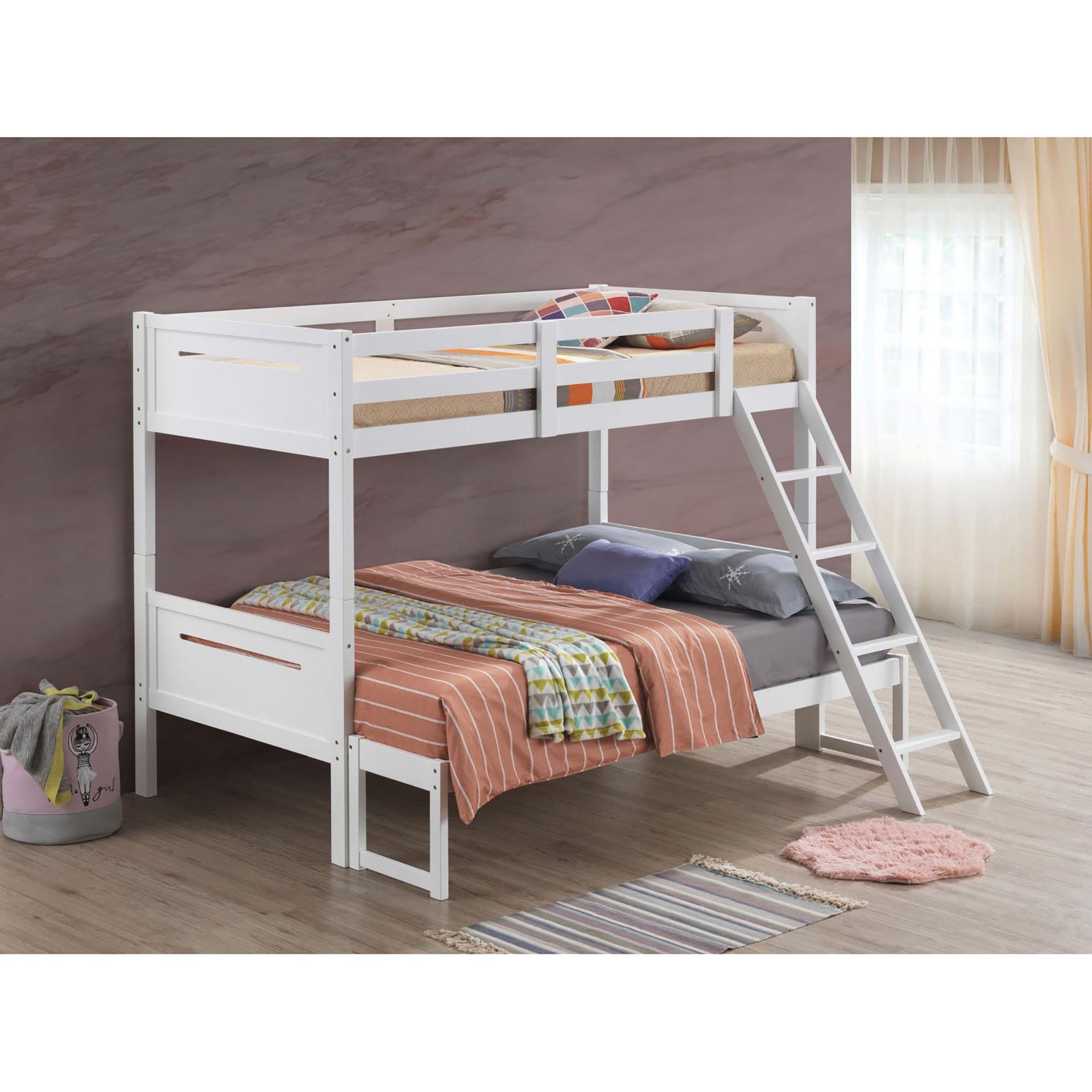 White Twin/Full Bunk Bed with Built-in Ladder