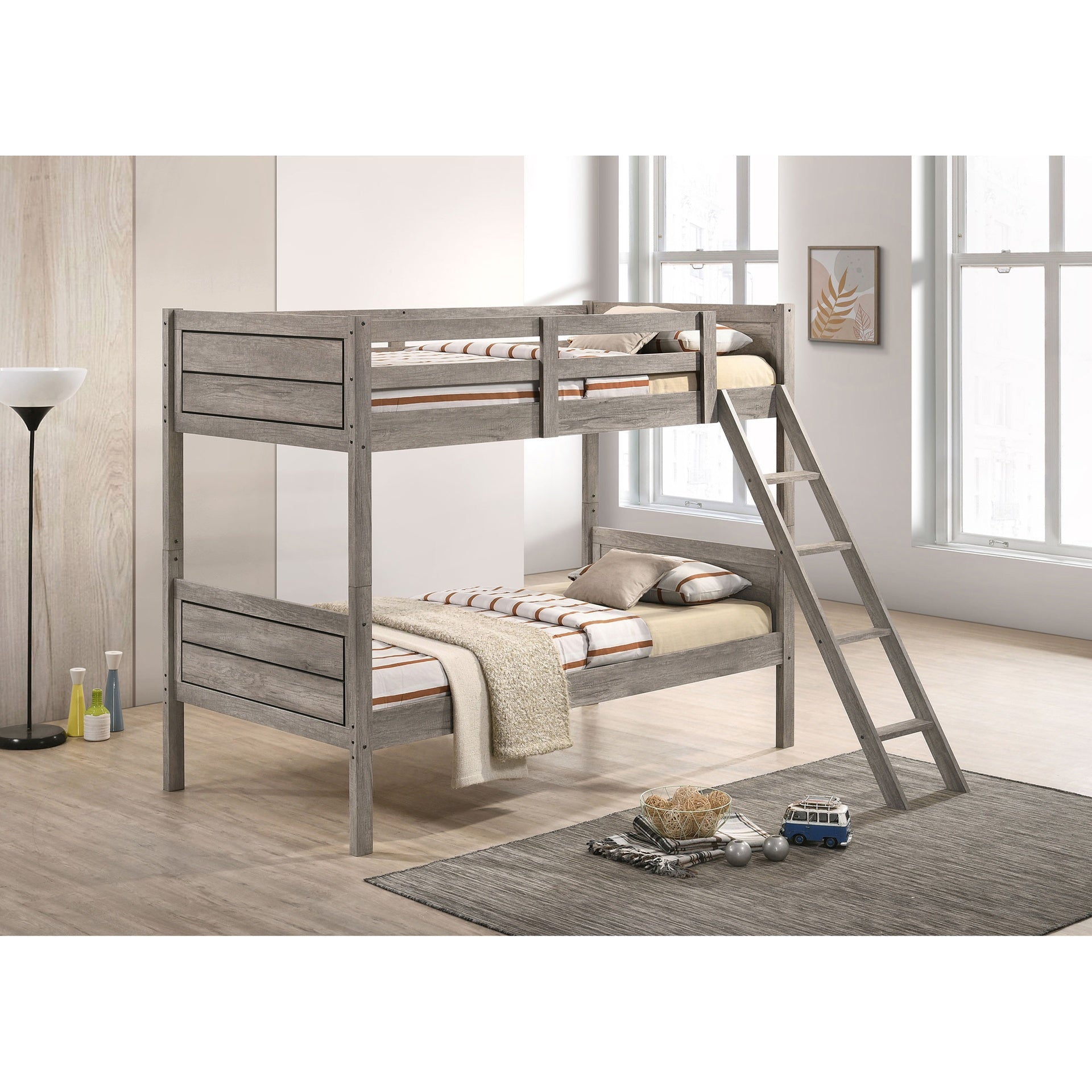 Clemens Weathered Taupe Wood Twin Over Twin Bunk Bed with Mattress