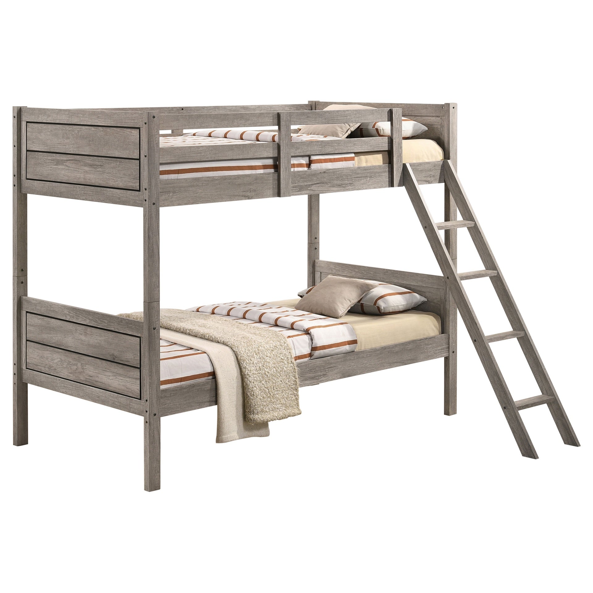 Clemens Weathered Taupe Wood Twin Over Twin Bunk Bed with Mattress