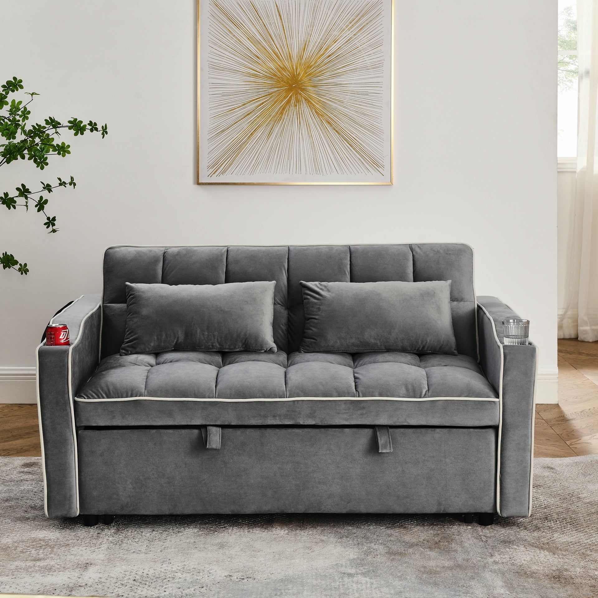 55.51 inch versatile foldable sofa bed in 3 lengths, modern sofa sofa sofa velvet pull-out bed, adjustable back and with USB port and ashtray and swivel phone stand (Grey)