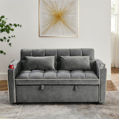 55.51 inch versatile foldable sofa bed in 3 lengths, modern sofa sofa sofa velvet pull-out bed, adjustable back and with USB port and ashtray and swivel phone stand (Grey)