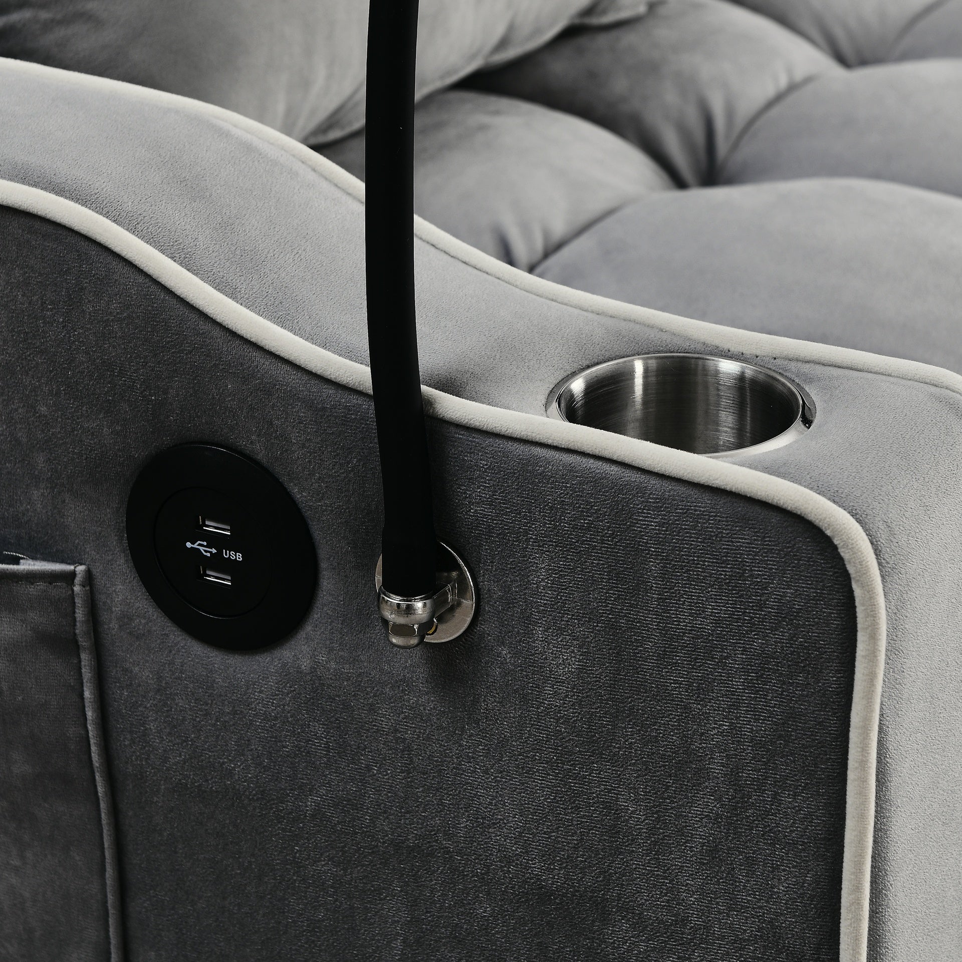 55.51 inch versatile foldable sofa bed in 3 lengths, modern sofa sofa sofa velvet pull-out bed, adjustable back and with USB port and ashtray and swivel phone stand (Grey)