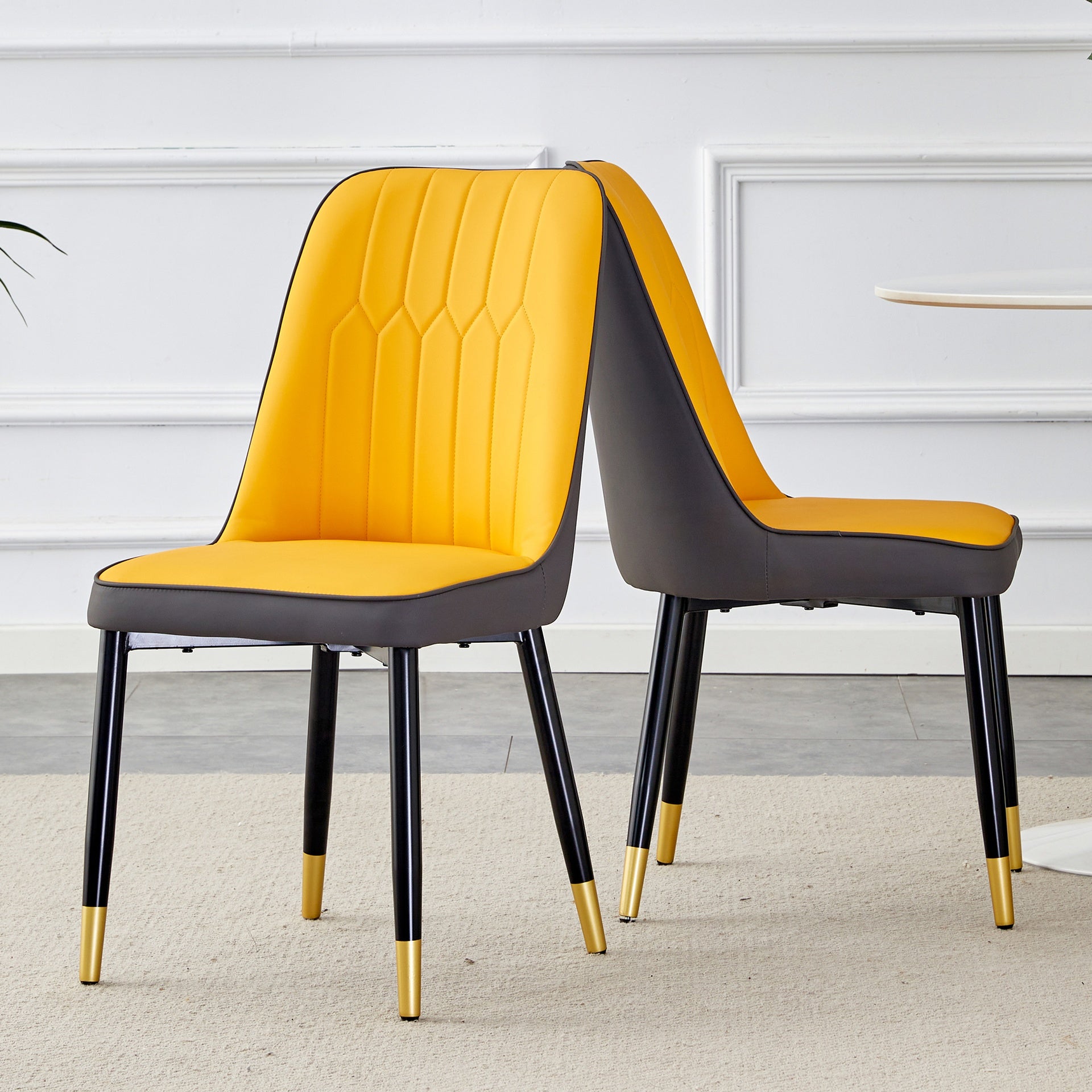 Orange yellow and dark gray stitching style, equipped with artificial leather cushioned seats, suitable for kitchen, living room, and dining room , 2-piece set (orange yellow and dark gray+PU) C-007