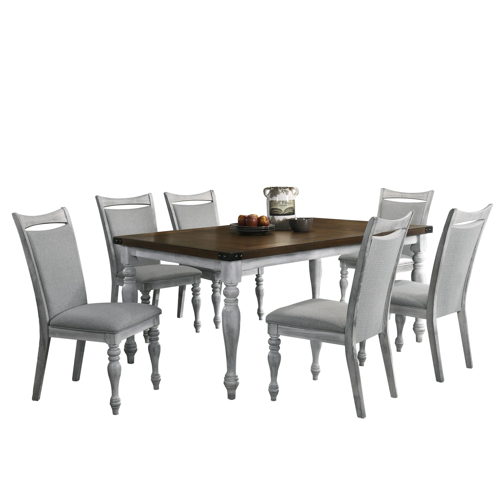 Salines 7 Piece Dining Table Set with 6 Upholstered Chairs, Rustic White and Oak